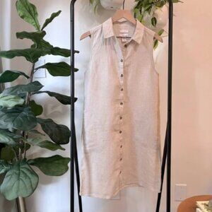 Halston 100% Linen Sleeveless Button Front Shirt Dress Tan Beige Pockets Size M